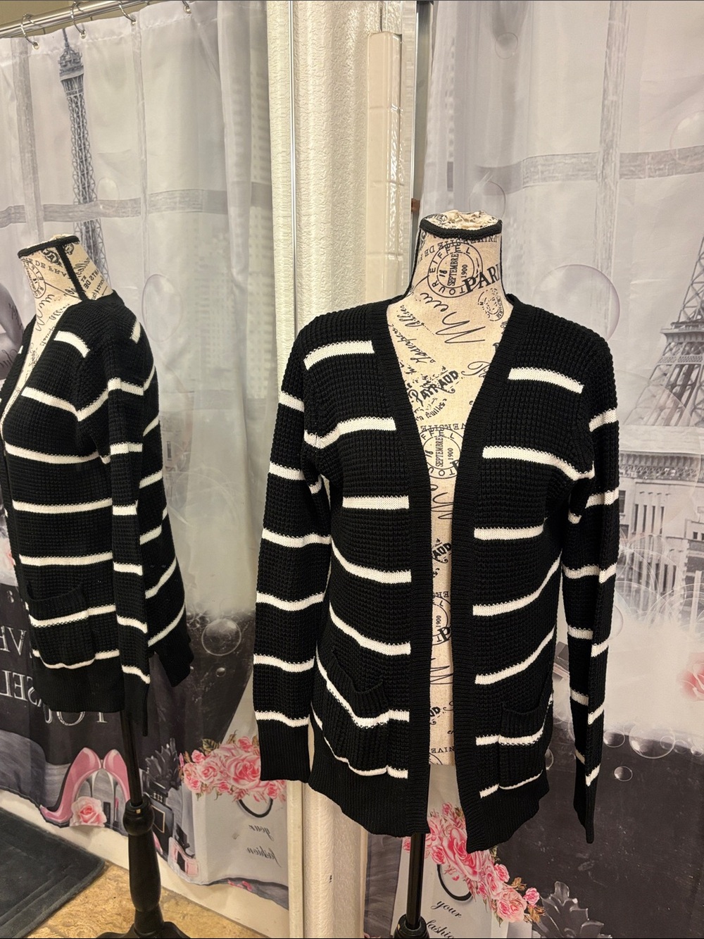 Pink Rose Black & White Striped Open Cardigan